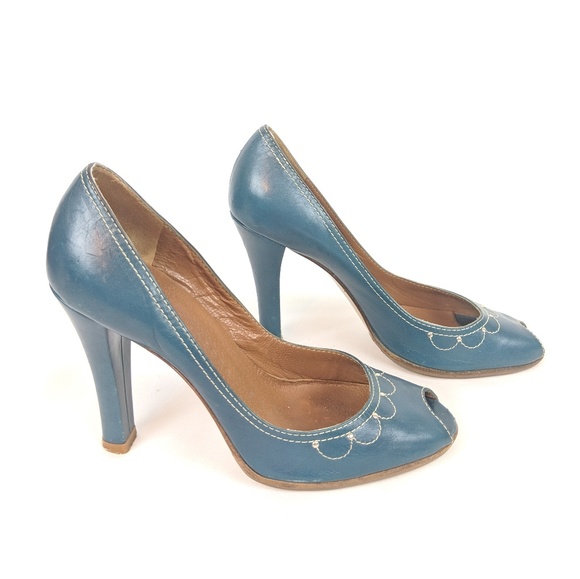 MARC JACOBS Teal Leather Peep Toe Studded Pumps - Picture 2 of 8